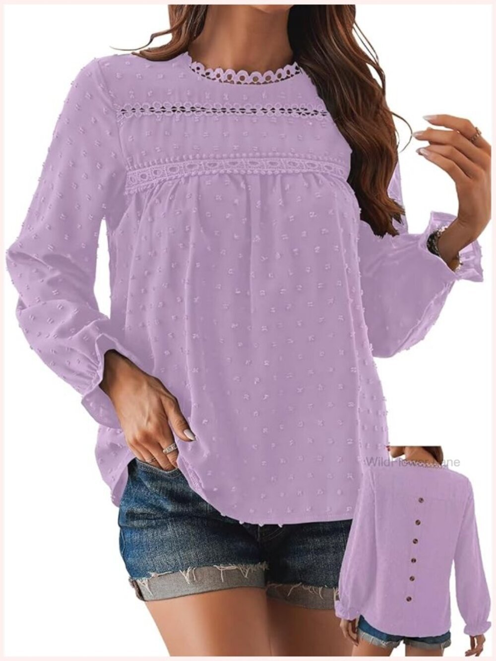 Swiss Dot Crochet Hollow Peasant Top Long Sleeve Blouse Tunic